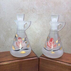 Vintage MCM Hazel Atlas Frosted Glass Cruets Hand Painted PINK ROSES-set of 2